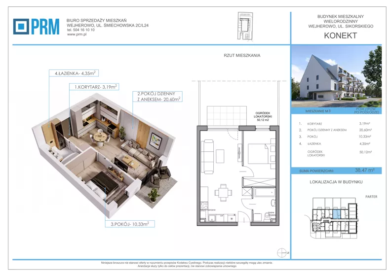 2 pokoje, mieszkanie 38,47 m², parter, oferta nr M3, KONEKT, Wejherowo, ul. Sikorskiego 71