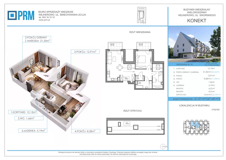 3 pokoje, mieszkanie 61,37 m², piętro 3, oferta nr M31, KONEKT, Wejherowo, ul. Sikorskiego 71