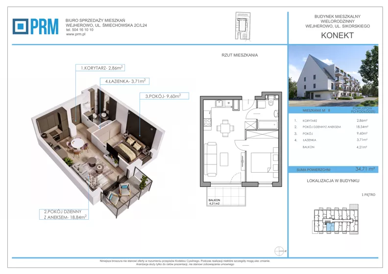 2 pokoje, mieszkanie 34,71 m², piętro 1, oferta nr M8, KONEKT, Wejherowo, ul. Sikorskiego 71