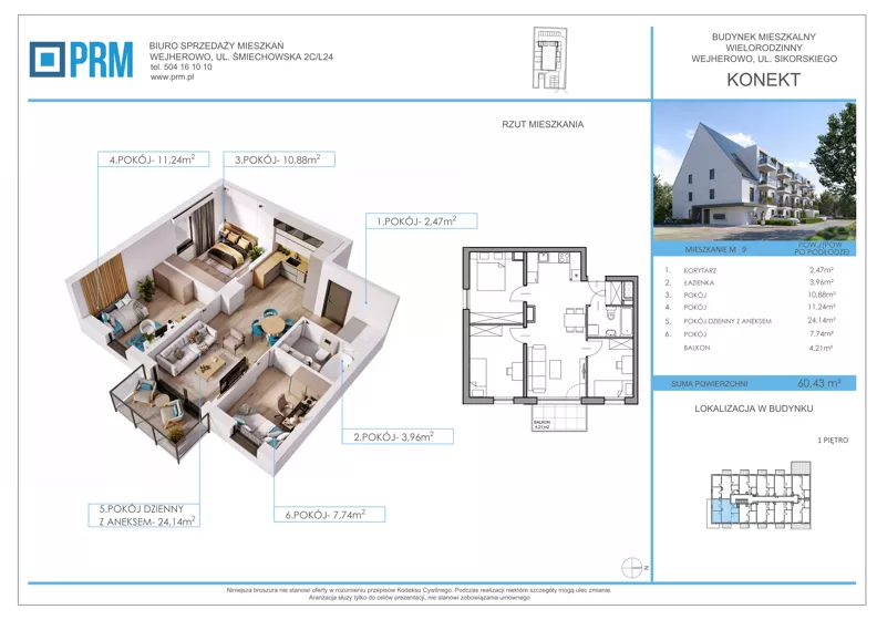 4 pokoje, mieszkanie 60,43 m², piętro 1, oferta nr M9, KONEKT, Wejherowo, ul. Sikorskiego 71