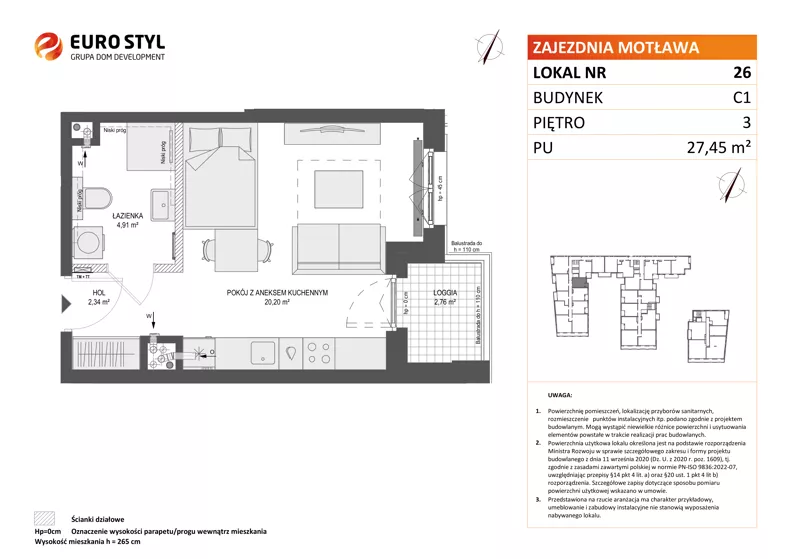 1 pokój, mieszkanie 27,45 m², piętro 3, oferta nr C1/26, Zajezdnia Motława - bud C1, Gdańsk, Śródmieście, Dolne Miasto, ul. Kurza