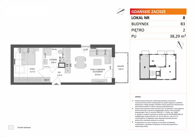 2 pokoje, mieszkanie 38,29 m², piętro 2, oferta nr B3/8, Gdańskie Zacisze, Gdańsk, Kokoszki, ul. Bysewska