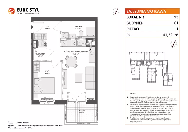 2 pokoje, mieszkanie 41,52 m², piętro 1, oferta nr C1/13, Zajezdnia Motława - bud C1, Gdańsk, Śródmieście, Dolne Miasto, ul. Kurza