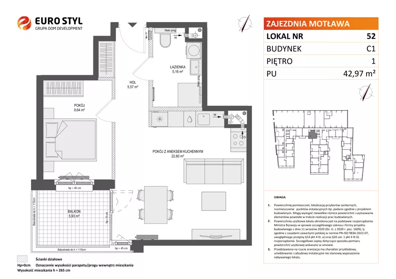 2 pokoje, mieszkanie 42,97 m², piętro 1, oferta nr C1/52, Zajezdnia Motława - bud C1, Gdańsk, Śródmieście, Dolne Miasto, ul. Kurza