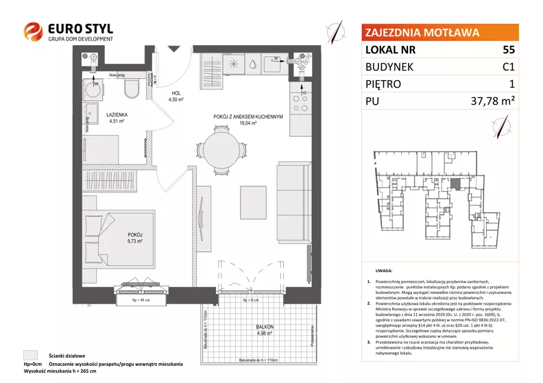 2 pokoje, mieszkanie 37,78 m², piętro 1, oferta nr C1/55, Zajezdnia Motława - bud C1, Gdańsk, Śródmieście, Dolne Miasto, ul. Kurza