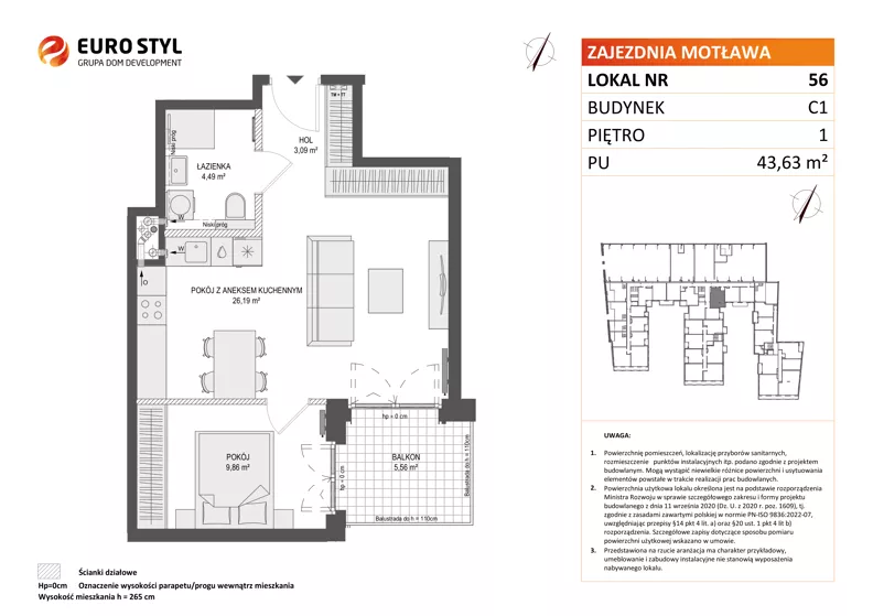 2 pokoje, mieszkanie 43,63 m², piętro 1, oferta nr C1/56, Zajezdnia Motława - bud C1, Gdańsk, Śródmieście, Dolne Miasto, ul. Kurza