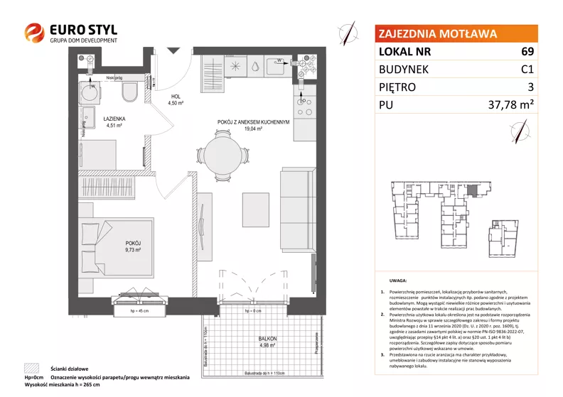2 pokoje, mieszkanie 37,78 m², piętro 3, oferta nr C1/69, Zajezdnia Motława - bud C1, Gdańsk, Śródmieście, Dolne Miasto, ul. Kurza