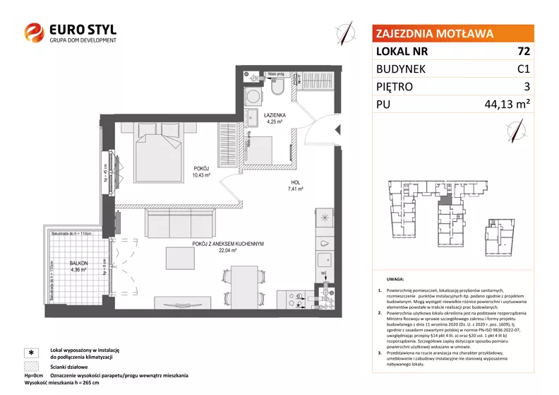 2 pokoje, mieszkanie 44,13 m², piętro 3, oferta nr C1/72, Zajezdnia Motława - bud C1, Gdańsk, Śródmieście, Dolne Miasto, ul. Kurza