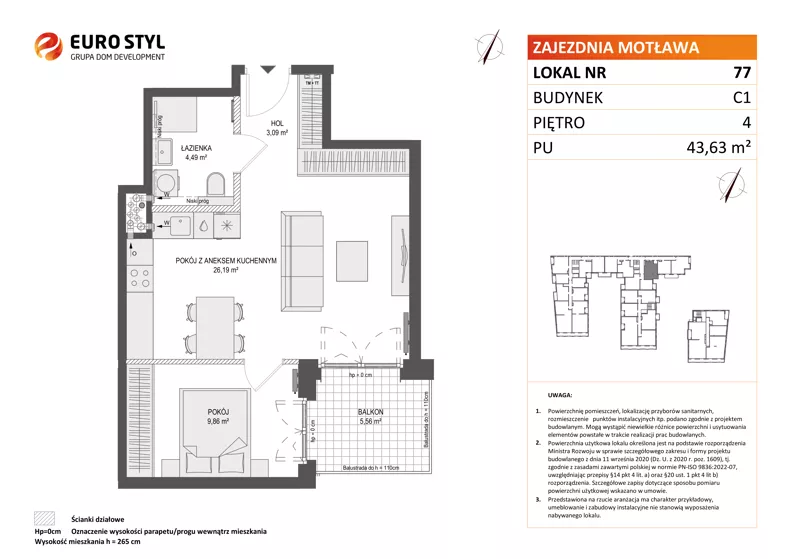 2 pokoje, mieszkanie 43,63 m², piętro 4, oferta nr C1/77, Zajezdnia Motława - bud C1, Gdańsk, Śródmieście, Dolne Miasto, ul. Kurza