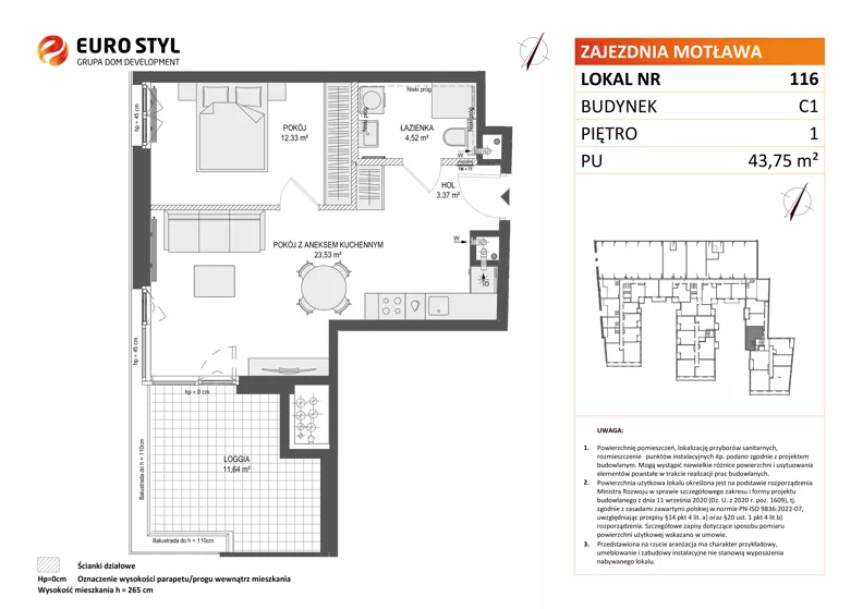2 pokoje, mieszkanie 43,75 m², piętro 1, oferta nr C1/116, Zajezdnia Motława - bud C1, Gdańsk, Śródmieście, Dolne Miasto, ul. Kurza