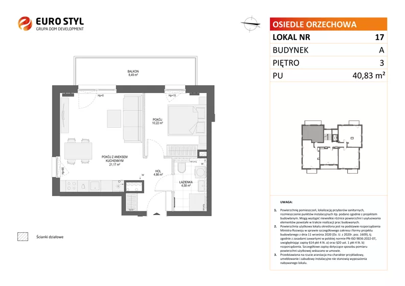2 pokoje, mieszkanie 40,83 m², piętro 3, oferta nr A/17, Osiedle Orzechowa, Gdynia, Chylonia, ul. Meksykańska/Orzechowa