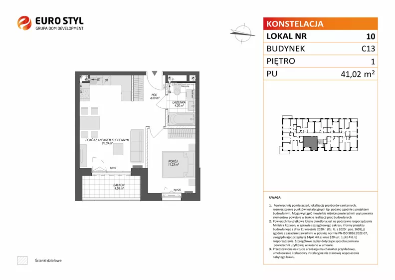 2 pokoje, mieszkanie 41,02 m², piętro 1, oferta nr C13/10, Konstelacja - etap V, Gdynia, Pogórze, ul. Paderewskiego