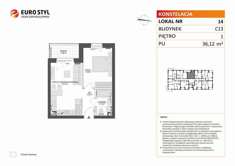 2 pokoje, mieszkanie 36,12 m², piętro 1, oferta nr C13/14, Konstelacja - etap V, Gdynia, Pogórze, ul. Paderewskiego