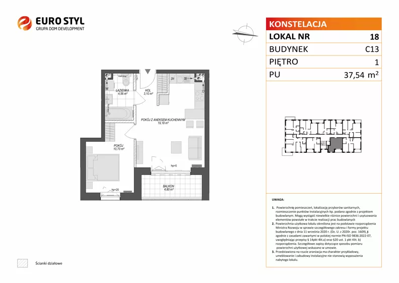 2 pokoje, mieszkanie 37,54 m², piętro 1, oferta nr C13/18, Konstelacja - etap V, Gdynia, Pogórze, ul. Paderewskiego