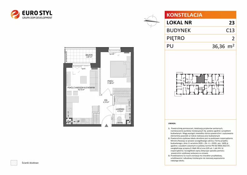 2 pokoje, mieszkanie 36,36 m², piętro 2, oferta nr C13/23, Konstelacja - etap V, Gdynia, Pogórze, ul. Paderewskiego