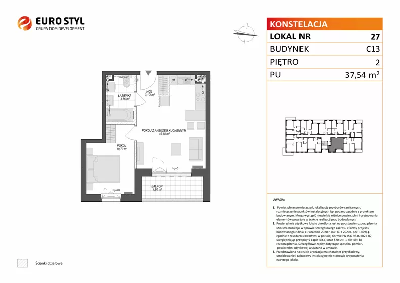 2 pokoje, mieszkanie 37,54 m², piętro 2, oferta nr C13/27, Konstelacja - etap V, Gdynia, Pogórze, ul. Paderewskiego