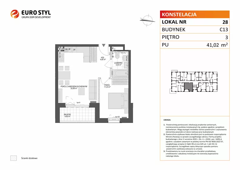 2 pokoje, mieszkanie 41,02 m², piętro 3, oferta nr C13/28, Konstelacja - etap V, Gdynia, Pogórze, ul. Paderewskiego