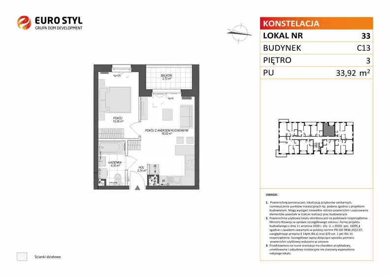 2 pokoje, mieszkanie 33,92 m², piętro 3, oferta nr C13/33, Konstelacja - etap V, Gdynia, Pogórze, ul. Paderewskiego