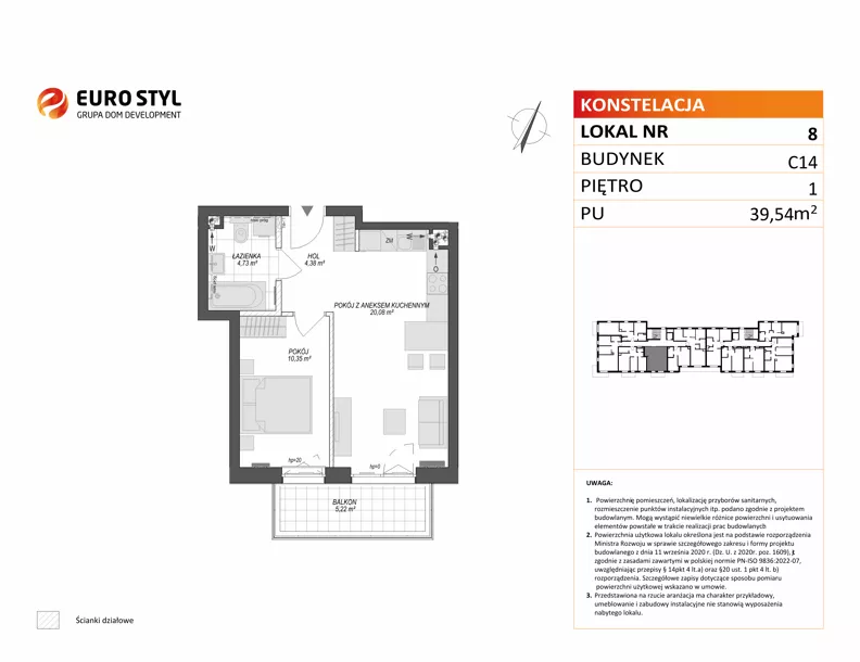 2 pokoje, mieszkanie 39,54 m², piętro 1, oferta nr C14/8, Konstelacja - etap V, Gdynia, Pogórze, ul. Paderewskiego