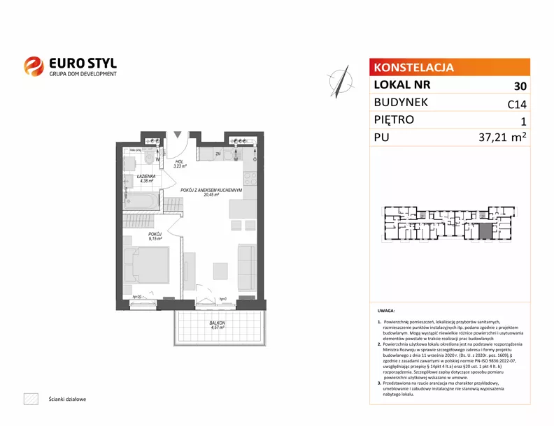 2 pokoje, mieszkanie 37,21 m², piętro 1, oferta nr C14/30, Konstelacja - etap V, Gdynia, Pogórze, ul. Paderewskiego