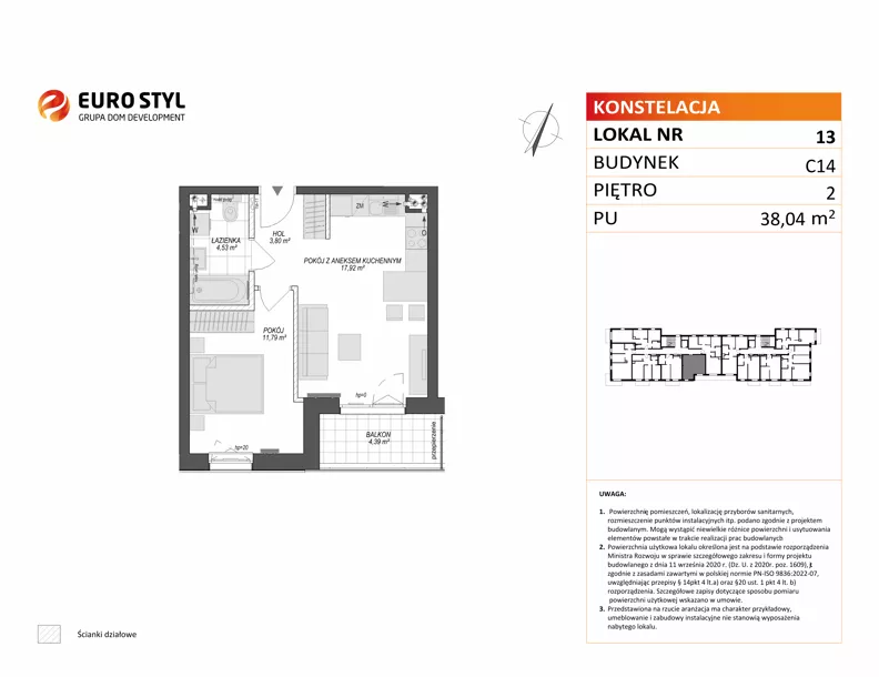 2 pokoje, mieszkanie 38,04 m², piętro 2, oferta nr C14/13, Konstelacja - etap V, Gdynia, Pogórze, ul. Paderewskiego