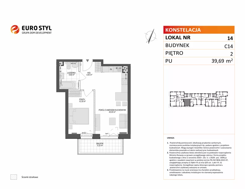 2 pokoje, mieszkanie 39,69 m², piętro 2, oferta nr C14/14, Konstelacja - etap V, Gdynia, Pogórze, ul. Paderewskiego