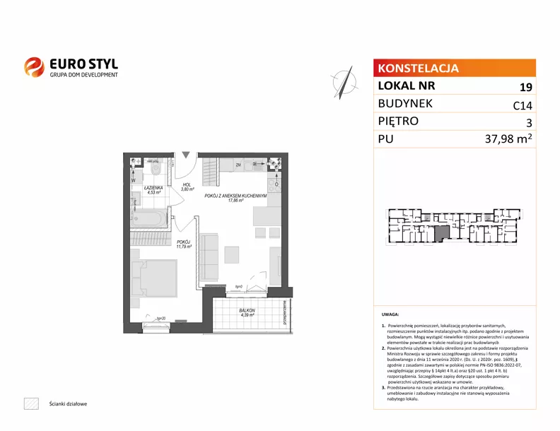 2 pokoje, mieszkanie 37,98 m², piętro 3, oferta nr C14/19, Konstelacja - etap V, Gdynia, Pogórze, ul. Paderewskiego