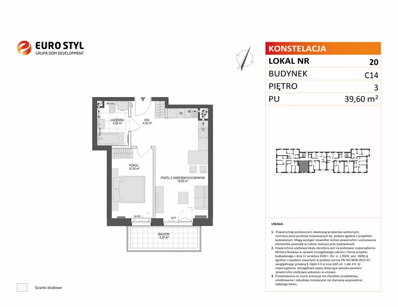 2 pokoje, mieszkanie 39,60 m², piętro 3, oferta nr C14/20, Konstelacja - etap V, Gdynia, Pogórze, ul. Paderewskiego