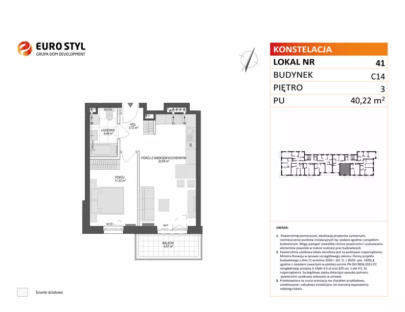 2 pokoje, mieszkanie 40,22 m², piętro 3, oferta nr C14/41, Konstelacja - etap V, Gdynia, Pogórze, ul. Paderewskiego