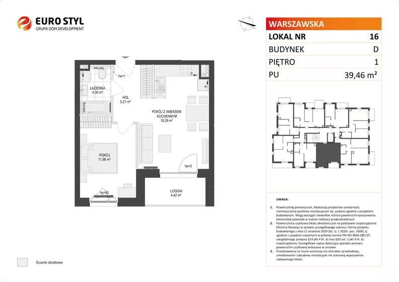 2 pokoje, mieszkanie 39,46 m², piętro 1, oferta nr D/16, Osiedle Warszawska - etap II, Gdańsk, Ujeścisko-Łostowice, Ujeścisko, ul. Warszawska