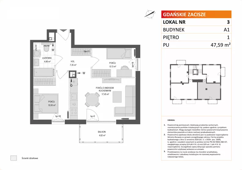 3 pokoje, mieszkanie 47,59 m², piętro 1, oferta nr A1/3, Gdańskie Zacisze, Gdańsk, Kokoszki, ul. Bysewska
