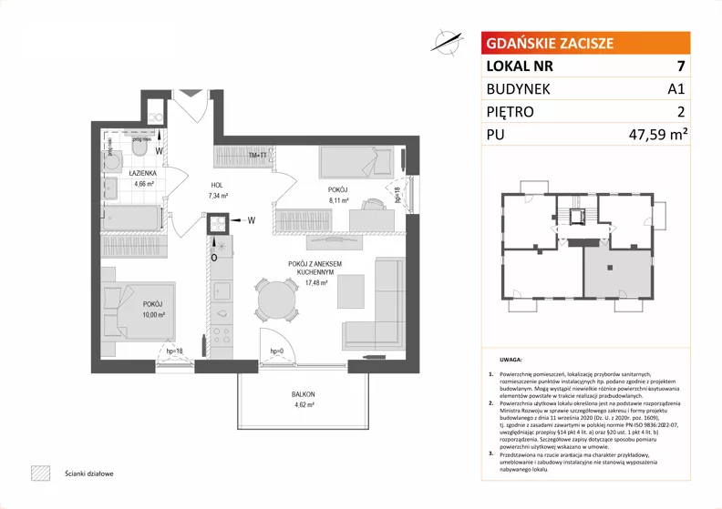 3 pokoje, mieszkanie 47,59 m², piętro 2, oferta nr A1/7, Gdańskie Zacisze, Gdańsk, Kokoszki, ul. Bysewska