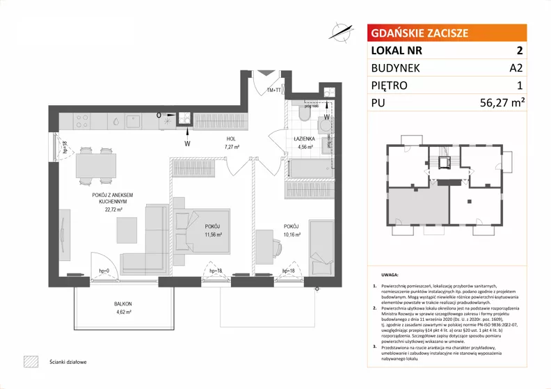 3 pokoje, mieszkanie 56,27 m², piętro 1, oferta nr A2/2, Gdańskie Zacisze, Gdańsk, Kokoszki, ul. Bysewska