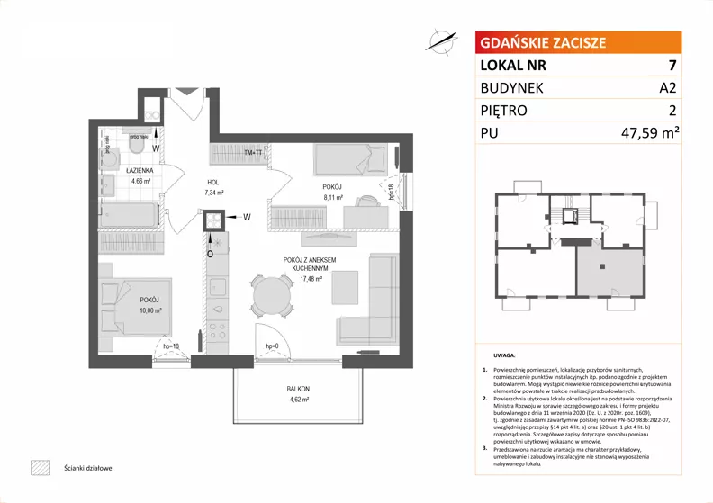 3 pokoje, mieszkanie 47,59 m², piętro 2, oferta nr A2/7, Gdańskie Zacisze, Gdańsk, Kokoszki, ul. Bysewska