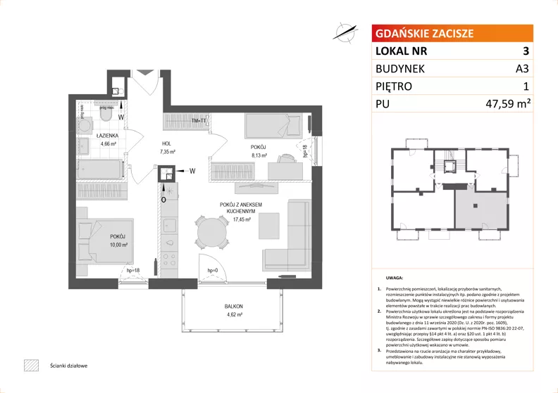 3 pokoje, mieszkanie 47,59 m², piętro 1, oferta nr A3/3, Gdańskie Zacisze, Gdańsk, Kokoszki, ul. Bysewska