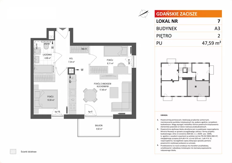 3 pokoje, mieszkanie 47,59 m², piętro 2, oferta nr A3/7, Gdańskie Zacisze, Gdańsk, Kokoszki, ul. Bysewska