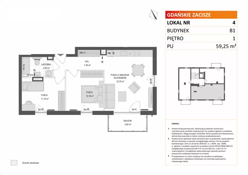 3 pokoje, mieszkanie 59,25 m², piętro 1, oferta nr B1/4, Gdańskie Zacisze, Gdańsk, Kokoszki, ul. Bysewska