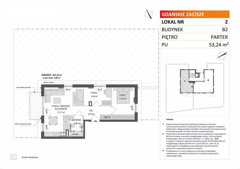 3 pokoje, mieszkanie 53,24 m², parter, oferta nr B2/2, Gdańskie Zacisze, Gdańsk, Kokoszki, ul. Bysewska