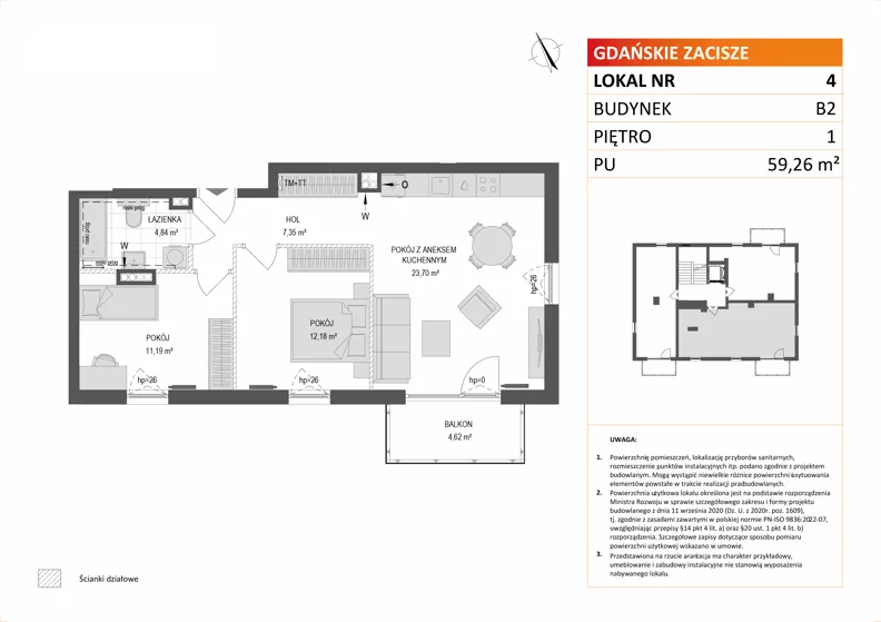 3 pokoje, mieszkanie 59,26 m², piętro 1, oferta nr B2/4, Gdańskie Zacisze, Gdańsk, Kokoszki, ul. Bysewska