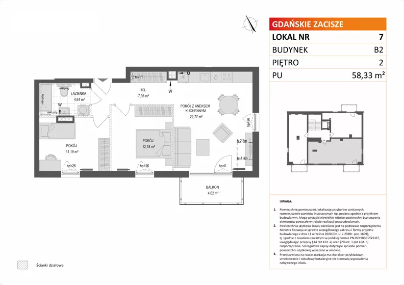 3 pokoje, mieszkanie 58,33 m², piętro 2, oferta nr B2/7, Gdańskie Zacisze, Gdańsk, Kokoszki, ul. Bysewska
