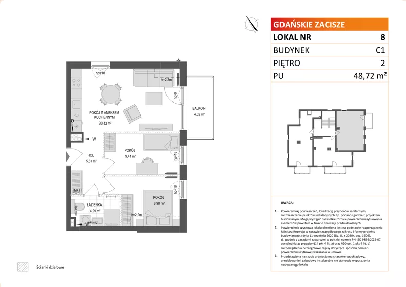 3 pokoje, mieszkanie 48,72 m², piętro 2, oferta nr C1/8, Gdańskie Zacisze, Gdańsk, Kokoszki, ul. Bysewska