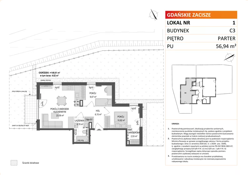 3 pokoje, mieszkanie 56,94 m², parter, oferta nr C3/1, Gdańskie Zacisze, Gdańsk, Kokoszki, ul. Bysewska
