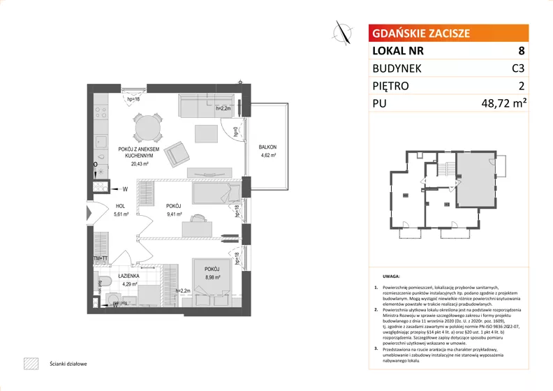 3 pokoje, mieszkanie 48,72 m², piętro 2, oferta nr C3/8, Gdańskie Zacisze, Gdańsk, Kokoszki, ul. Bysewska