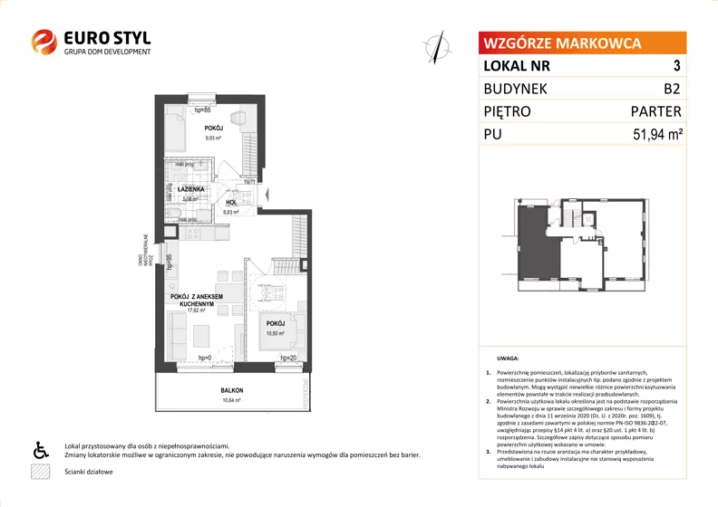 3 pokoje, mieszkanie 51,94 m², parter, oferta nr B2/3, Wzgórze Markowca, Rumia, Zagórze, ul. Markowców
