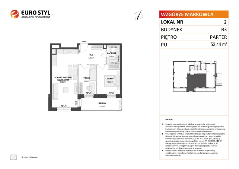 3 pokoje, mieszkanie 53,44 m², parter, oferta nr B3/2, Wzgórze Markowca, Rumia, Zagórze, ul. Markowców