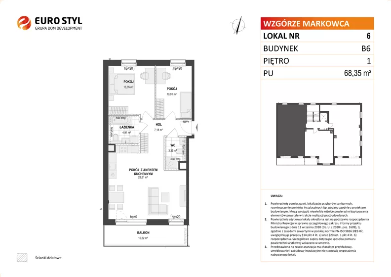 3 pokoje, mieszkanie 68,35 m², piętro 1, oferta nr B6/6, Wzgórze Markowca, Rumia, Zagórze, ul. Markowców