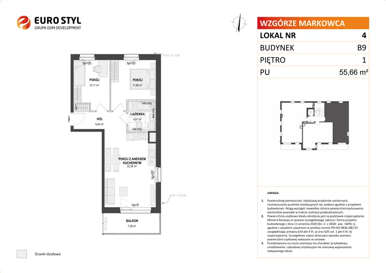 3 pokoje, mieszkanie 55,66 m², piętro 1, oferta nr B9/4, Wzgórze Markowca, Rumia, Zagórze, ul. Markowców