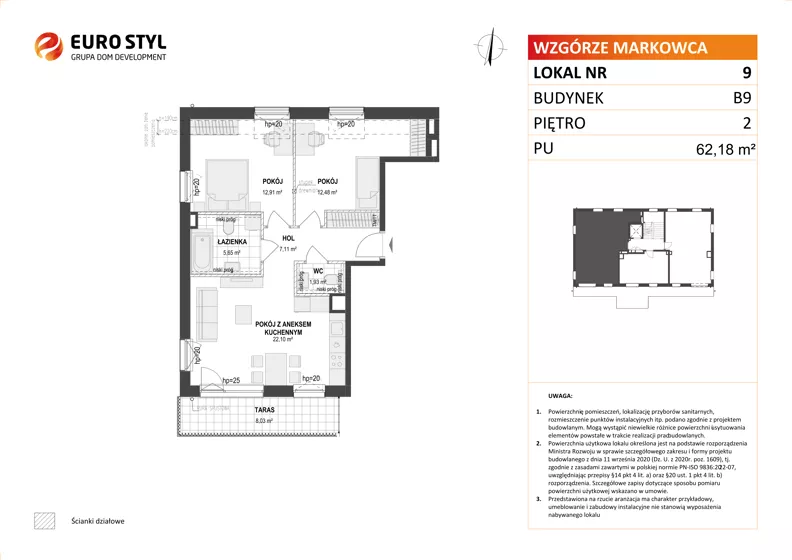 3 pokoje, mieszkanie 62,18 m², piętro 2, oferta nr B9/9, Wzgórze Markowca, Rumia, Zagórze, ul. Markowców