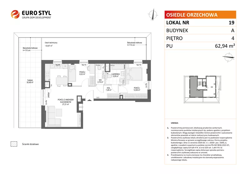 3 pokoje, mieszkanie 62,94 m², piętro 4, oferta nr A/19, Osiedle Orzechowa, Gdynia, Chylonia, ul. Meksykańska/Orzechowa