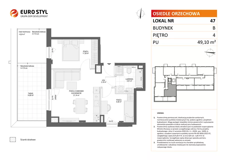 3 pokoje, mieszkanie 49,10 m², piętro 4, oferta nr B/47, Osiedle Orzechowa, Gdynia, Chylonia, ul. Meksykańska/Orzechowa